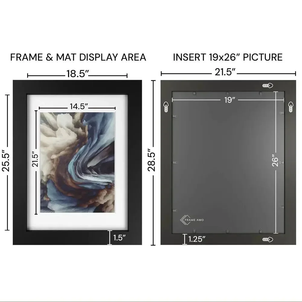 Frame Amo 19x26 Black Solid Wood Poster Frame White Mat 15x22 Tempered Glass Wal
